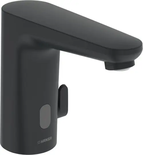 Schwarze Waschtischbatterie mit einem schlanken Design und einer Bedienoberfläche von HANSA, ausgestattet mit Bluetooth-Funktion.